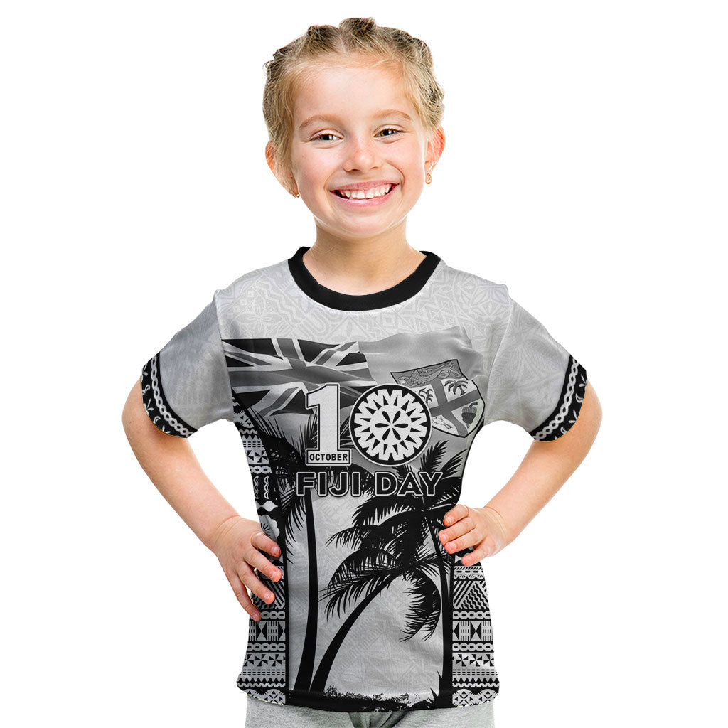 Personalised Fiji Day 2026 Kid T Shirt Masi Tapa Pattern With Palm Tree White Version LT05 White - Polynesian Pride