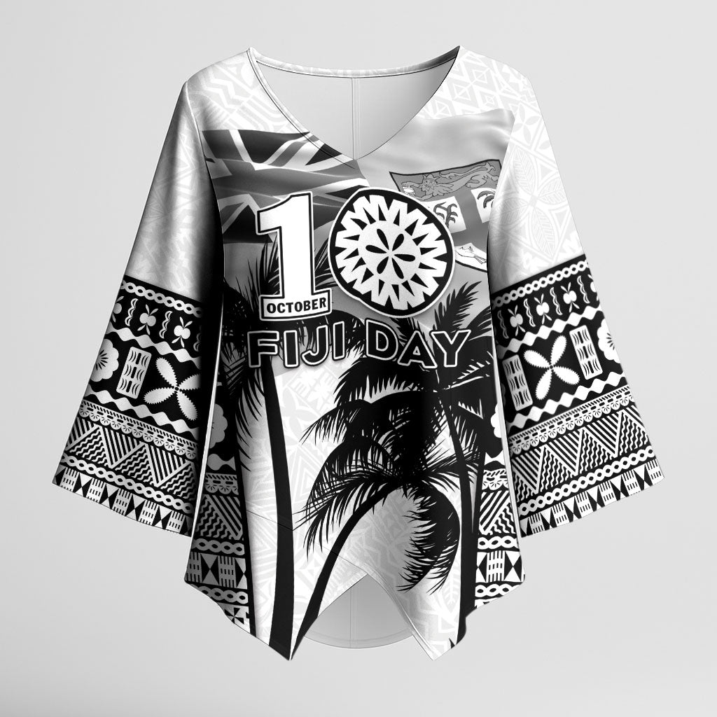 Personalised Fiji Day 2026 Kimono Sleeve Blouse Masi Tapa Pattern With Palm Tree White Version LT05 Female White - Polynesian Pride