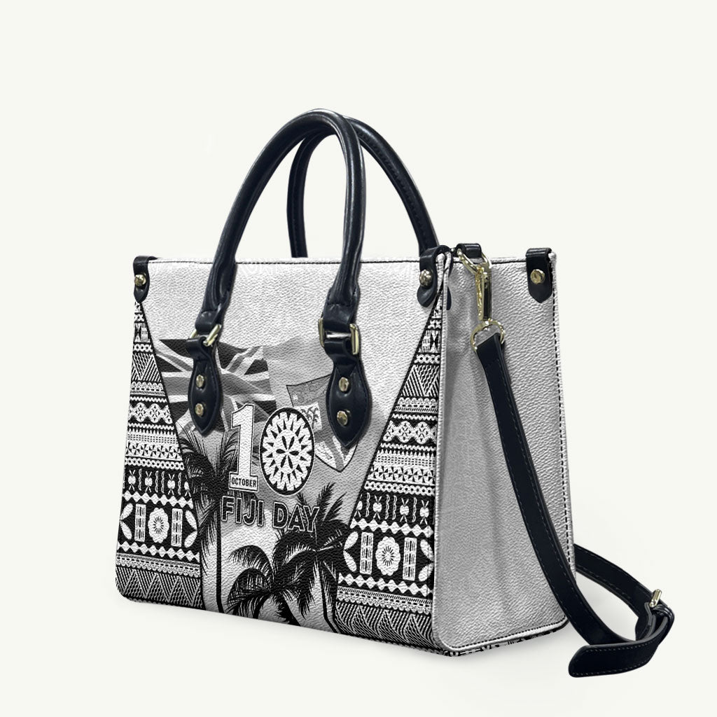 Fiji Day 2026 Leather Bag Masi Tapa Pattern With Palm Tree White Version LT05 White - Polynesian Pride