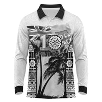 Personalised Fiji Day 2026 Long Sleeve Polo Shirt Masi Tapa Pattern With Palm Tree White Version LT05 White - Polynesian Pride