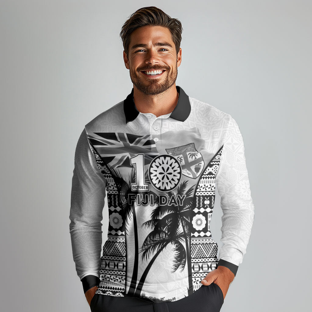 Personalised Fiji Day 2026 Long Sleeve Polo Shirt Masi Tapa Pattern With Palm Tree White Version LT05 - Polynesian Pride