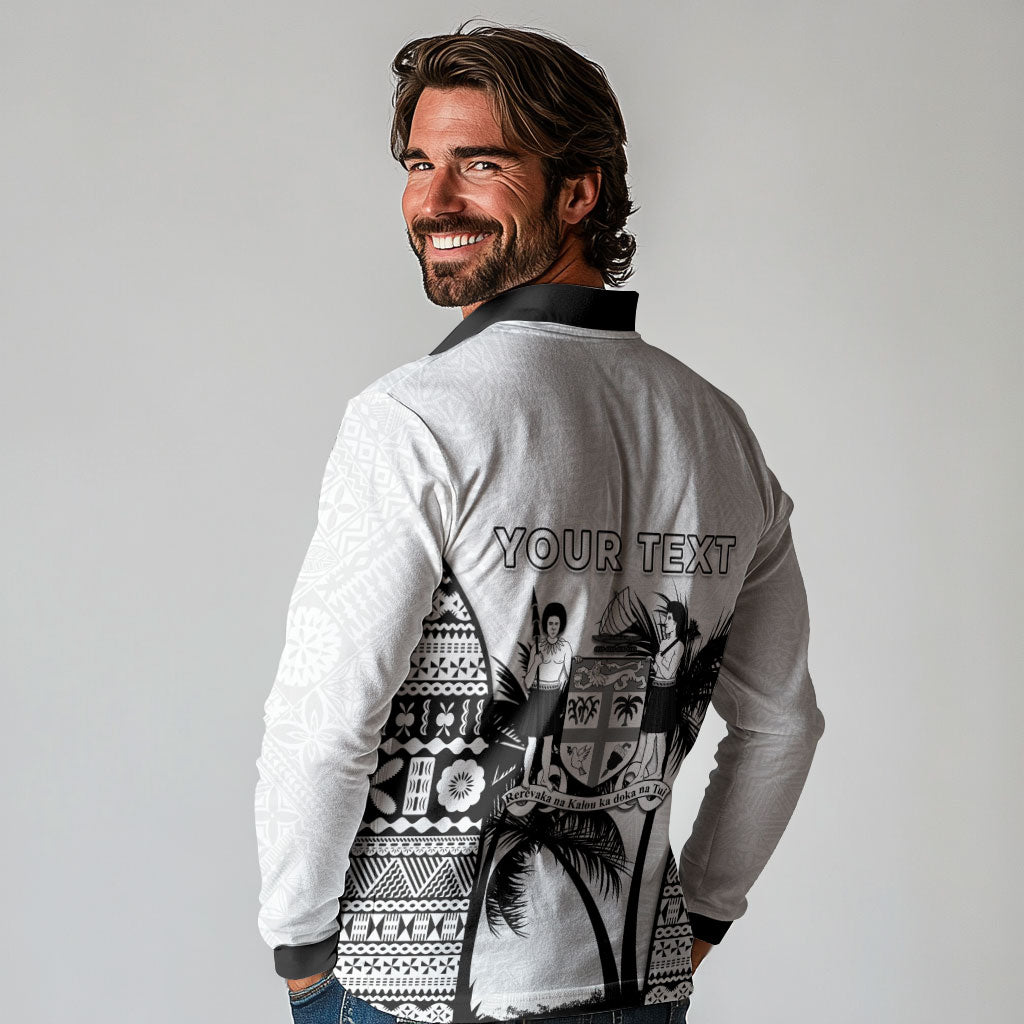 Personalised Fiji Day 2026 Long Sleeve Polo Shirt Masi Tapa Pattern With Palm Tree White Version LT05 - Polynesian Pride