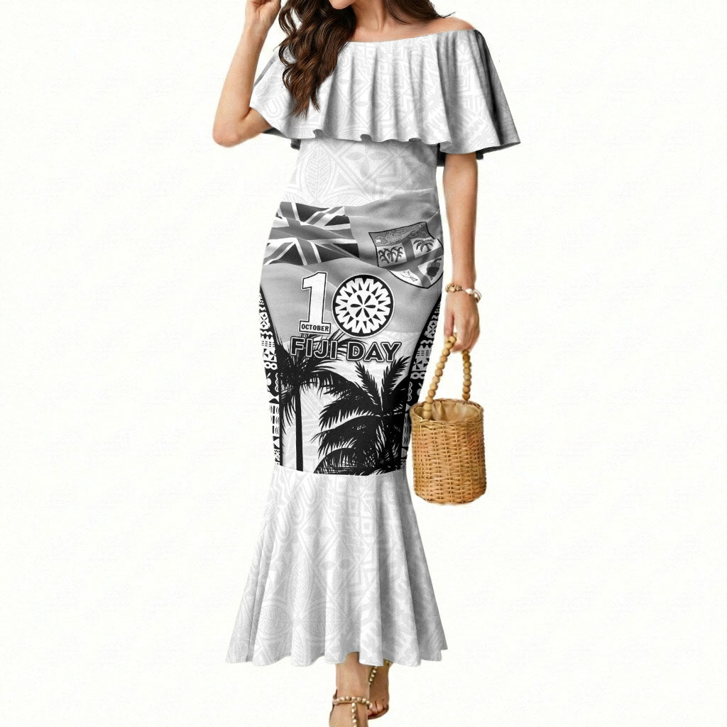 Personalised Fiji Day 2026 Mermaid Dress Masi Tapa Pattern With Palm Tree White Version LT05 Women White - Polynesian Pride