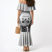 Personalised Fiji Day 2026 Mermaid Dress Masi Tapa Pattern With Palm Tree White Version LT05 - Polynesian Pride