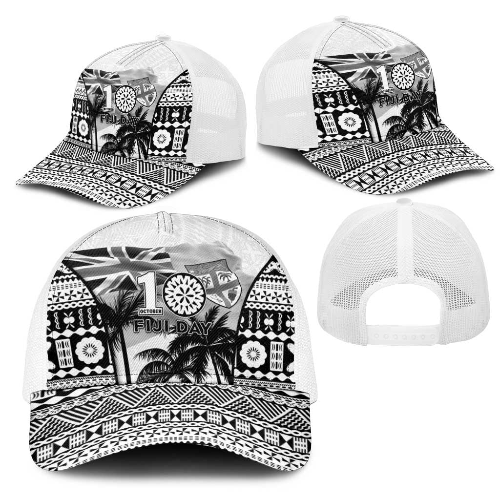 Fiji Day 2026 Mesh Trucker Cap Masi Tapa Pattern With Palm Tree White Version LT05 - Polynesian Pride