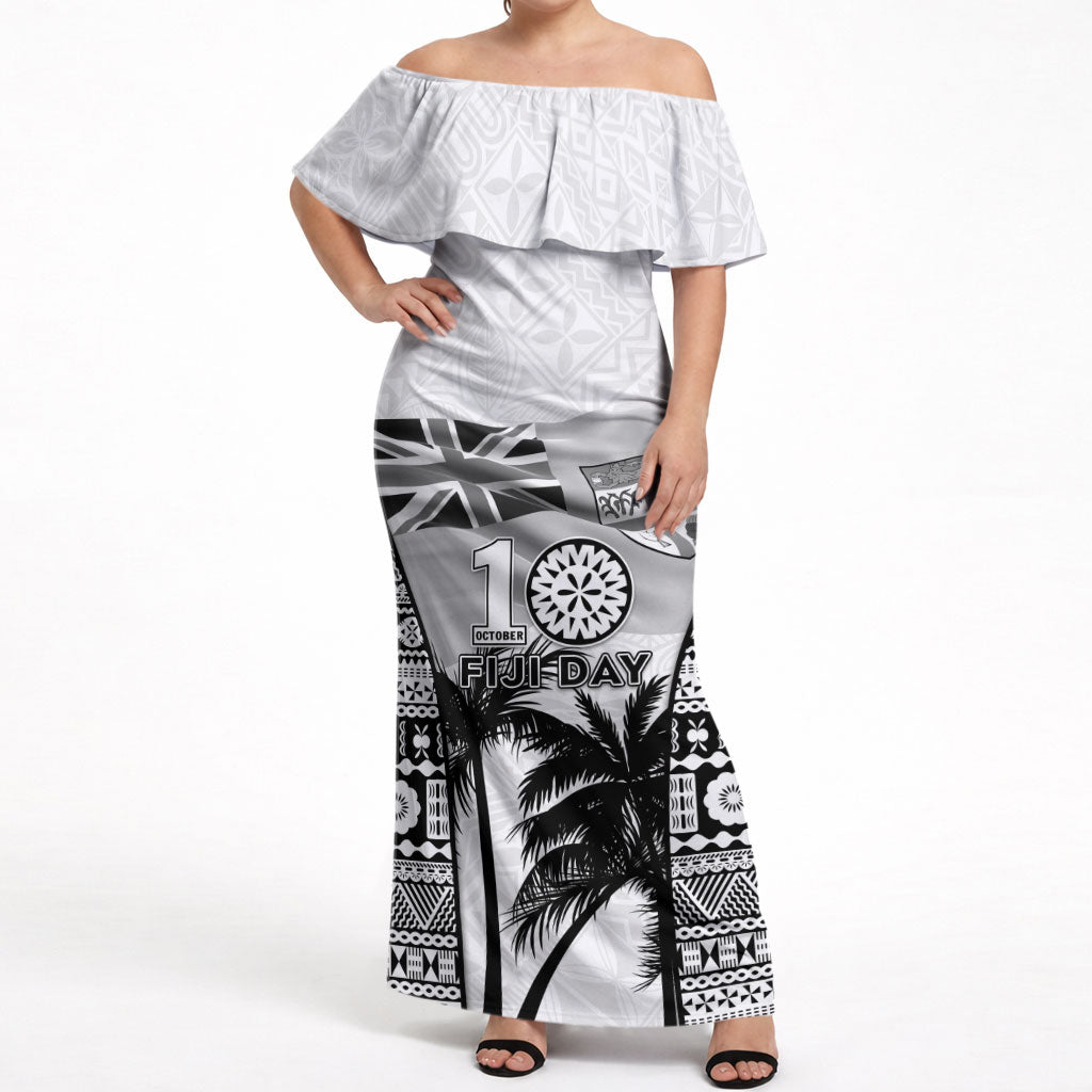 Personalised Fiji Day 2026 Off Shoulder Maxi Dress Masi Tapa Pattern With Palm Tree White Version LT05 Women White - Polynesian Pride