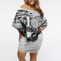 Personalised Fiji Day 2026 Off Shoulder Short Dress Masi Tapa Pattern With Palm Tree White Version LT05 Women White - Polynesian Pride