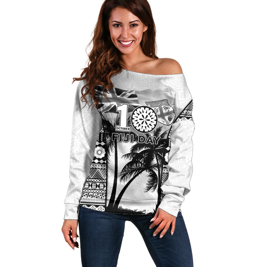 Personalised Fiji Day 2026 Off Shoulder Sweater Masi Tapa Pattern With Palm Tree White Version LT05 Women White - Polynesian Pride