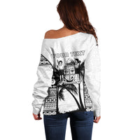 Personalised Fiji Day 2026 Off Shoulder Sweater Masi Tapa Pattern With Palm Tree White Version LT05 - Polynesian Pride