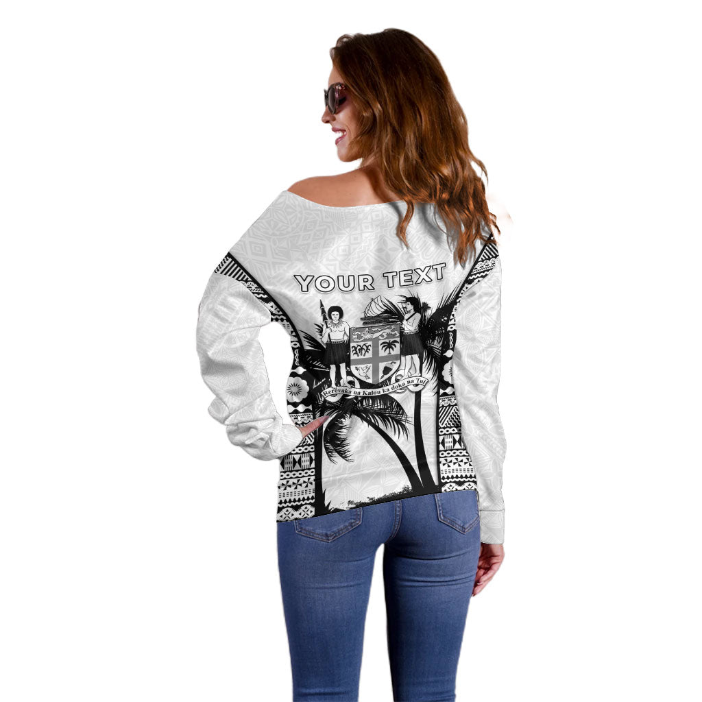 Personalised Fiji Day 2026 Off Shoulder Sweater Masi Tapa Pattern With Palm Tree White Version LT05 - Polynesian Pride