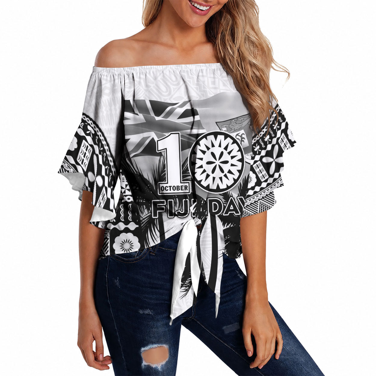 Personalised Fiji Day 2026 Off Shoulder Wrap Waist Top Masi Tapa Pattern With Palm Tree White Version LT05 White - Polynesian Pride