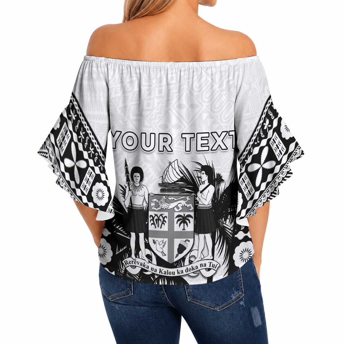 Personalised Fiji Day 2026 Off Shoulder Wrap Waist Top Masi Tapa Pattern With Palm Tree White Version LT05 - Polynesian Pride