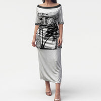 Personalised Fiji Day 2026 Puletasi Masi Tapa Pattern With Palm Tree White Version LT05 Long Dress White - Polynesian Pride