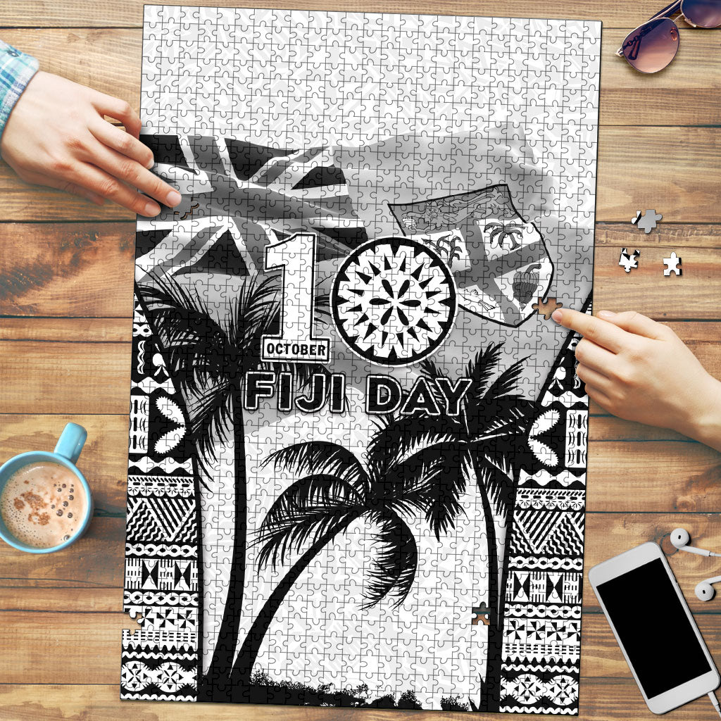 Fiji Day 2026 Puzzle Masi Tapa Pattern With Palm Tree White Version LT05 White - Polynesian Pride