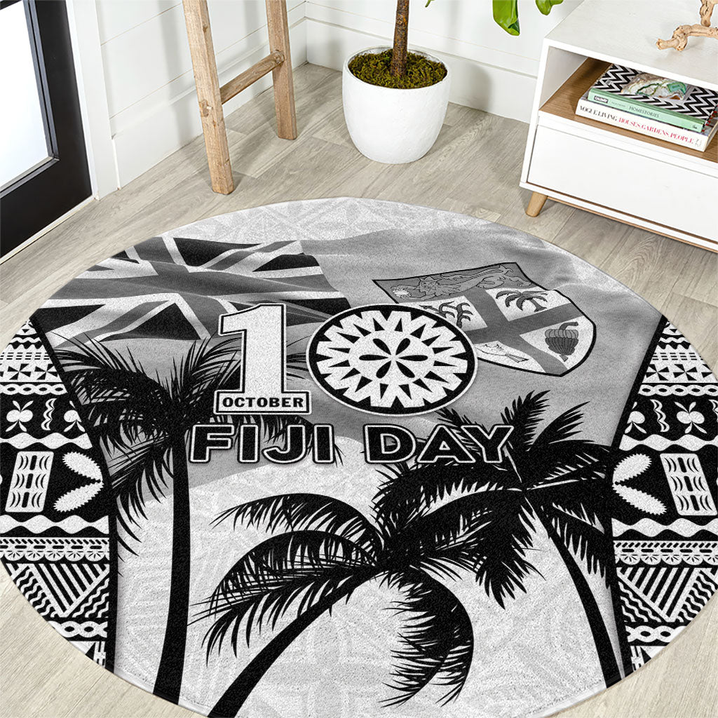 Fiji Day 2026 Round Carpet Masi Tapa Pattern With Palm Tree White Version LT05 White - Polynesian Pride