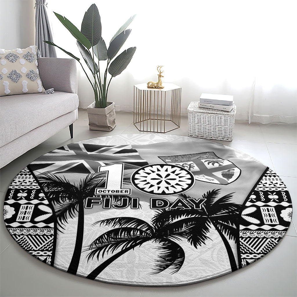 Fiji Day 2026 Round Carpet Masi Tapa Pattern With Palm Tree White Version LT05 - Polynesian Pride