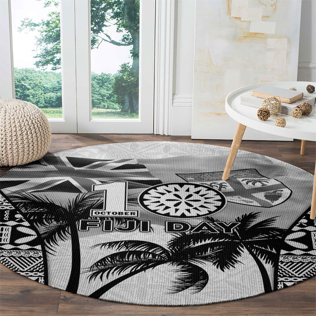 Fiji Day 2026 Round Carpet Masi Tapa Pattern With Palm Tree White Version LT05 - Polynesian Pride