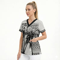 Personalised Fiji Day 2026 Scrub Top Masi Tapa Pattern With Palm Tree White Version LT05 - Polynesian Pride