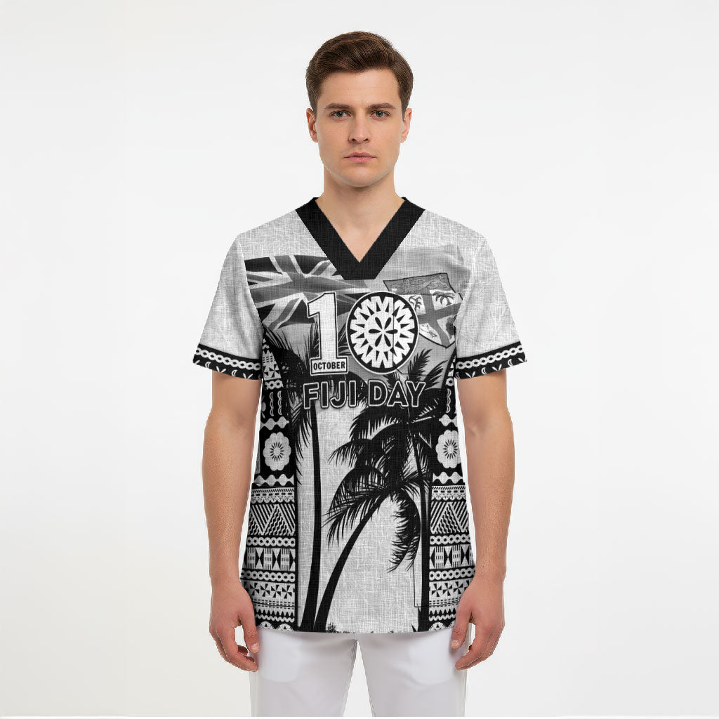 Personalised Fiji Day 2026 Scrub Top Masi Tapa Pattern With Palm Tree White Version LT05 - Polynesian Pride