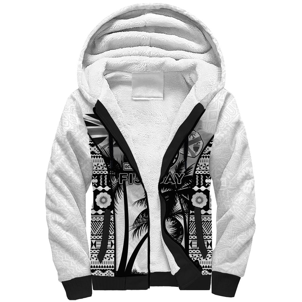 Personalised Fiji Day 2026 Sherpa Hoodie Masi Tapa Pattern With Palm Tree White Version LT05 Unisex White - Polynesian Pride