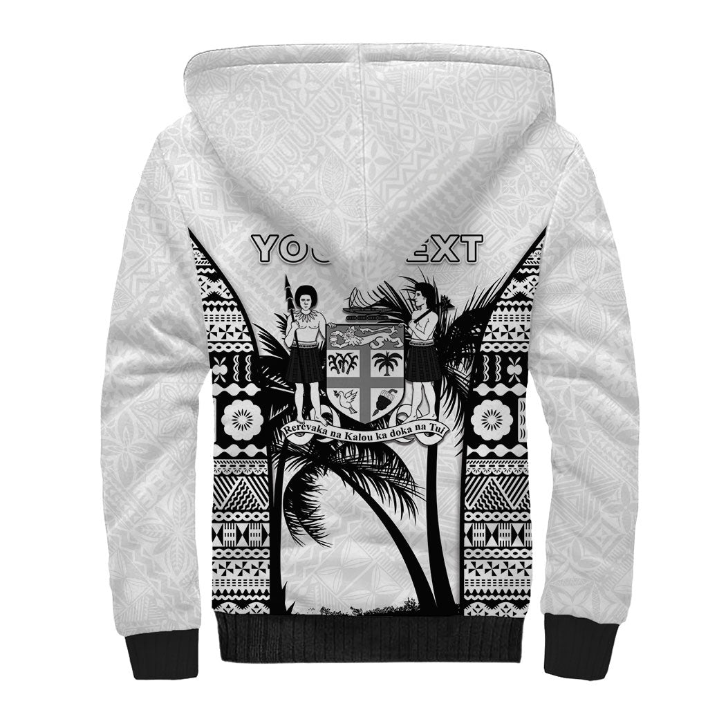 Personalised Fiji Day 2026 Sherpa Hoodie Masi Tapa Pattern With Palm Tree White Version LT05 - Polynesian Pride
