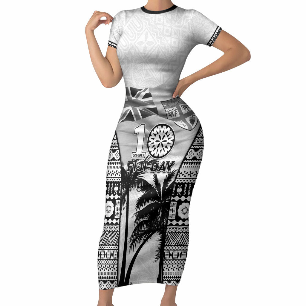Personalised Fiji Day 2026 Short Sleeve Bodycon Dress Masi Tapa Pattern With Palm Tree White Version