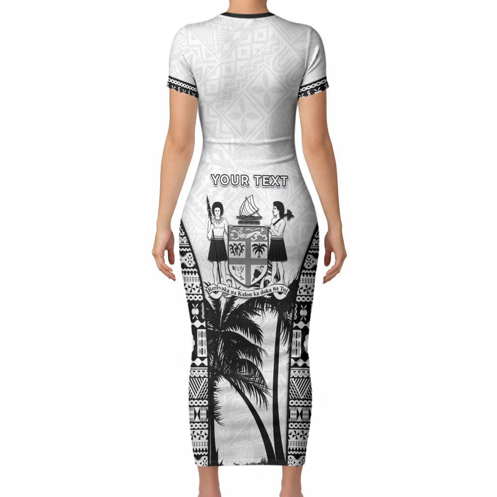 Personalised Fiji Day 2026 Short Sleeve Bodycon Dress Masi Tapa Pattern With Palm Tree White Version