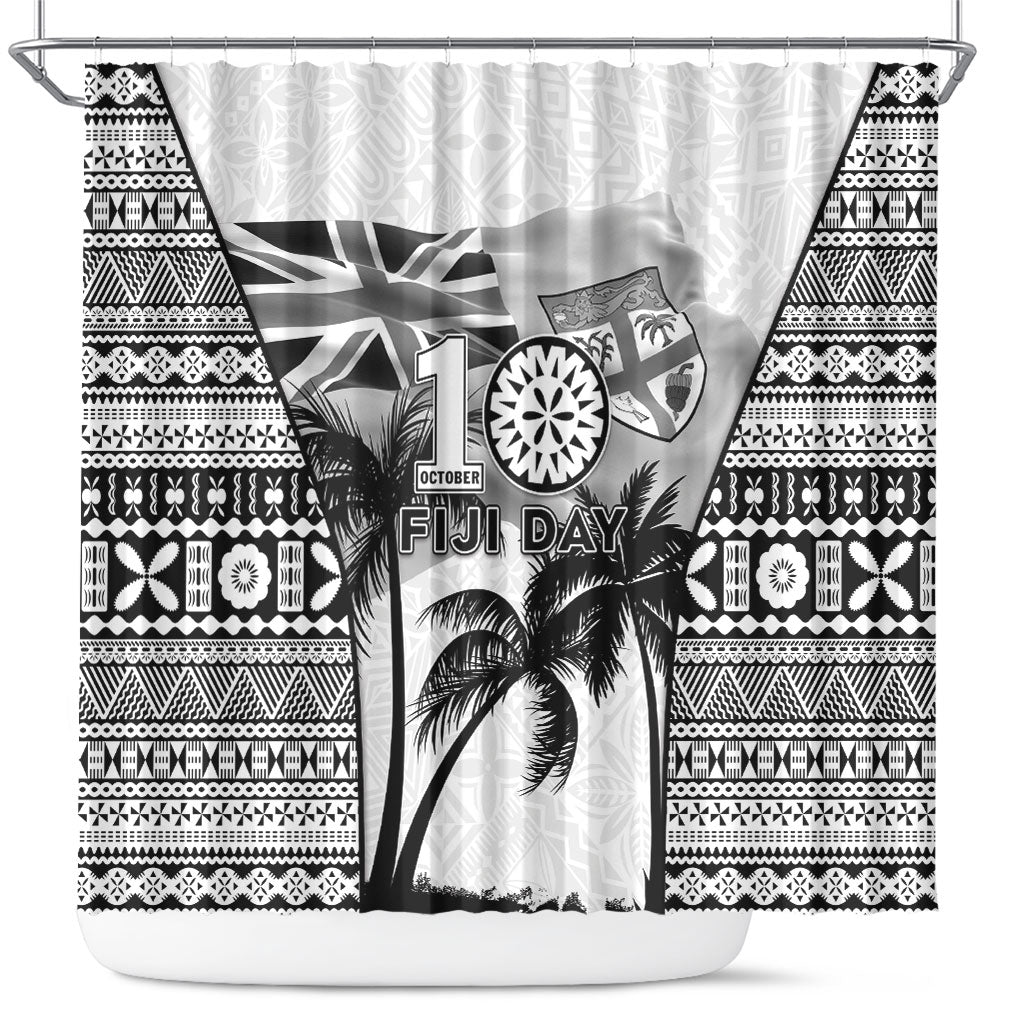 Fiji Day 2026 Shower Curtain Masi Tapa Pattern With Palm Tree White Version LT05 White - Polynesian Pride