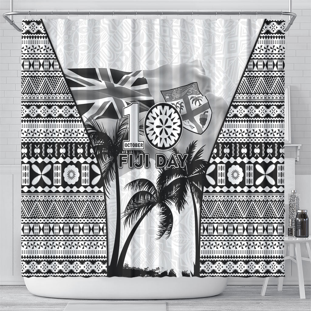 Fiji Day 2026 Shower Curtain Masi Tapa Pattern With Palm Tree White Version LT05 - Polynesian Pride