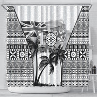 Fiji Day 2026 Shower Curtain Masi Tapa Pattern With Palm Tree White Version LT05 - Polynesian Pride