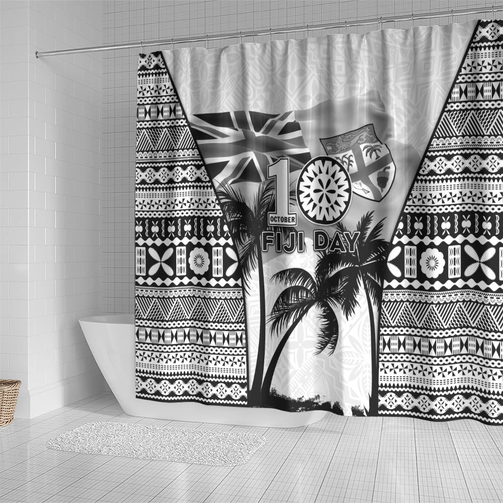 Fiji Day 2026 Shower Curtain Masi Tapa Pattern With Palm Tree White Version LT05 - Polynesian Pride