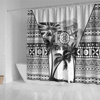 Fiji Day 2026 Shower Curtain Masi Tapa Pattern With Palm Tree White Version LT05 - Polynesian Pride