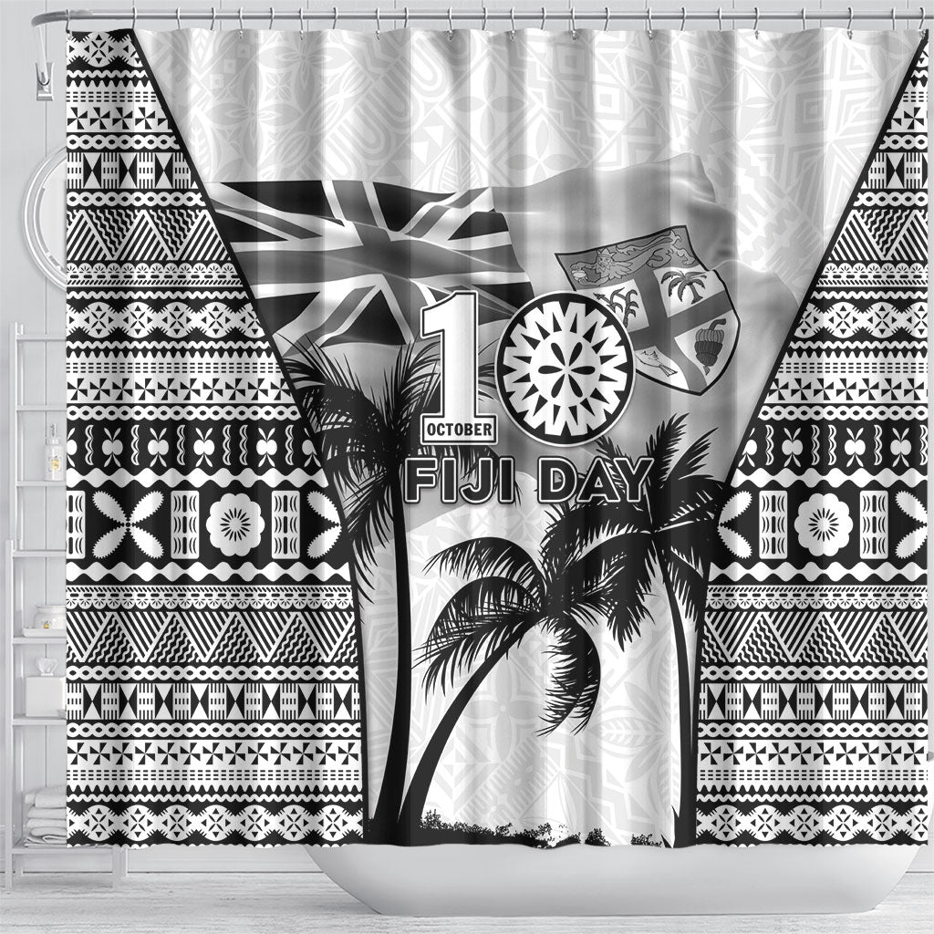 Fiji Day 2026 Shower Curtain Masi Tapa Pattern With Palm Tree White Version LT05 - Polynesian Pride