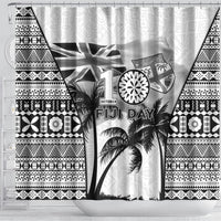 Fiji Day 2026 Shower Curtain Masi Tapa Pattern With Palm Tree White Version LT05 - Polynesian Pride