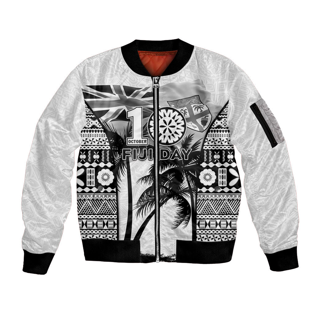 Personalised Fiji Day 2026 Sleeve Zip Bomber Jacket Masi Tapa Pattern With Palm Tree White Version LT05 Unisex White - Polynesian Pride