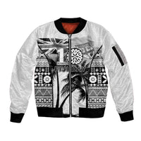 Personalised Fiji Day 2026 Sleeve Zip Bomber Jacket Masi Tapa Pattern With Palm Tree White Version LT05 Unisex White - Polynesian Pride