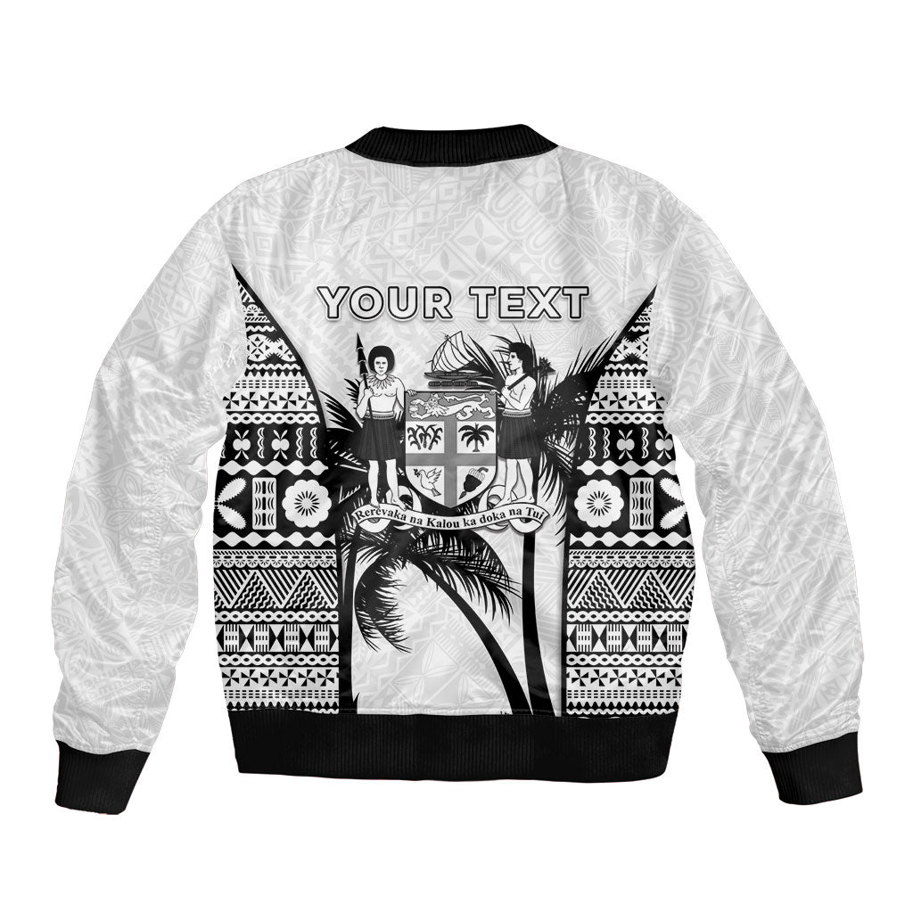 Personalised Fiji Day 2026 Sleeve Zip Bomber Jacket Masi Tapa Pattern With Palm Tree White Version LT05 - Polynesian Pride