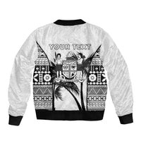Personalised Fiji Day 2026 Sleeve Zip Bomber Jacket Masi Tapa Pattern With Palm Tree White Version LT05 - Polynesian Pride