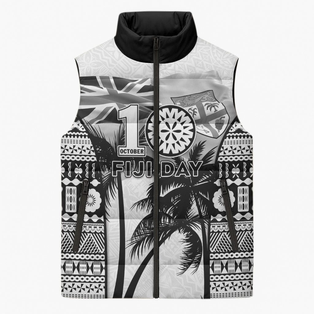 Personalised Fiji Day 2026 Sleeveless Puffer Jacket Masi Tapa Pattern With Palm Tree White Version LT05 Unisex White - Polynesian Pride