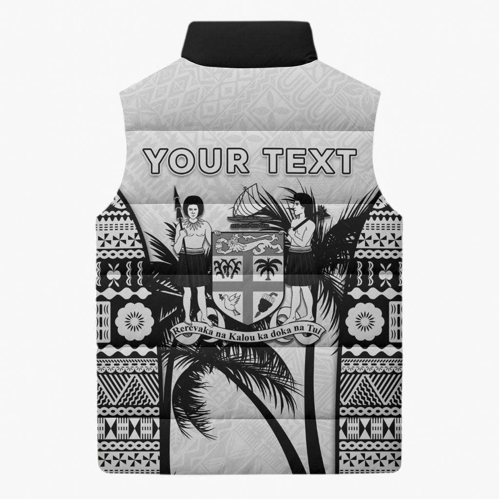 Personalised Fiji Day 2026 Sleeveless Puffer Jacket Masi Tapa Pattern With Palm Tree White Version LT05 - Polynesian Pride