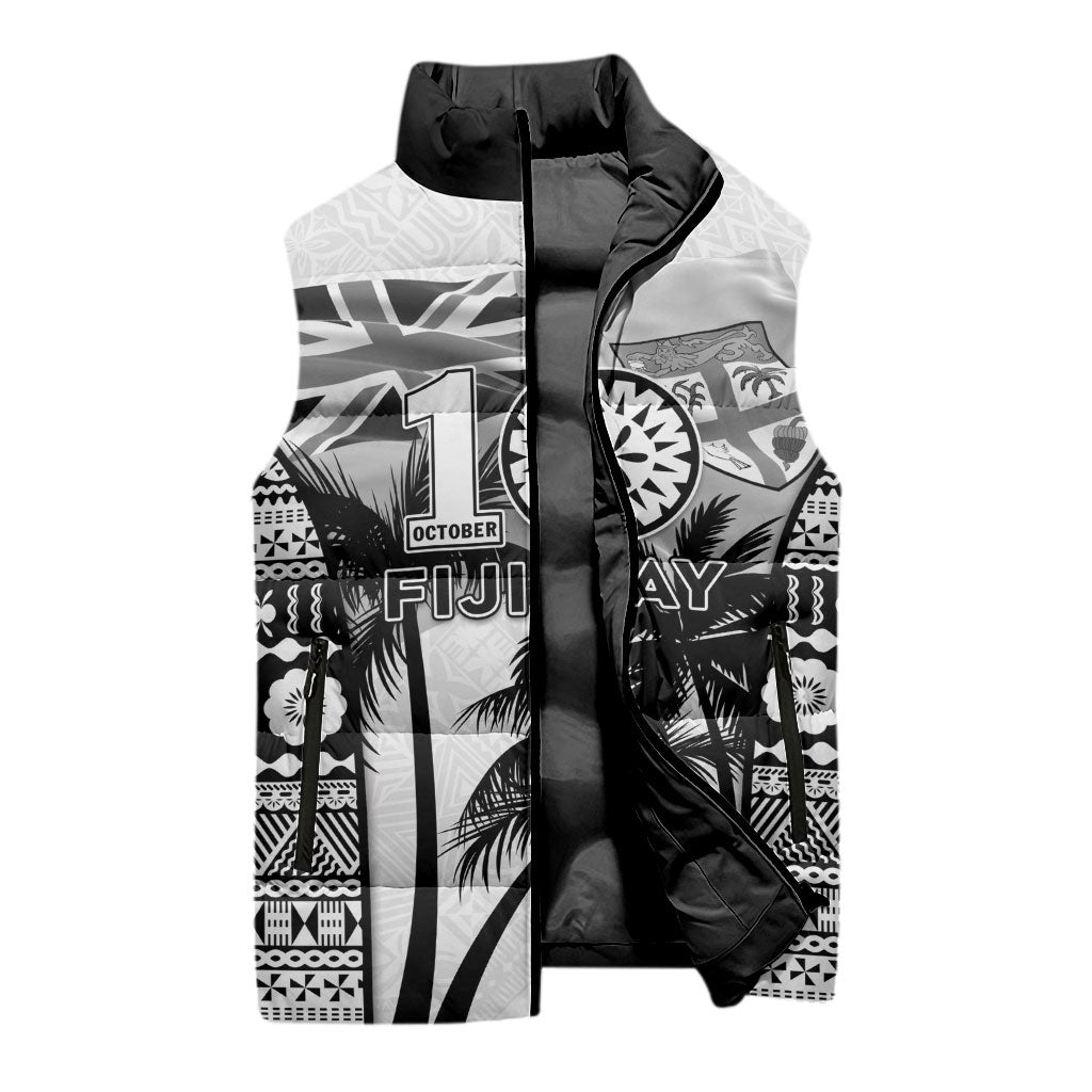 Personalised Fiji Day 2026 Sleeveless Puffer Jacket Masi Tapa Pattern With Palm Tree White Version LT05 - Polynesian Pride