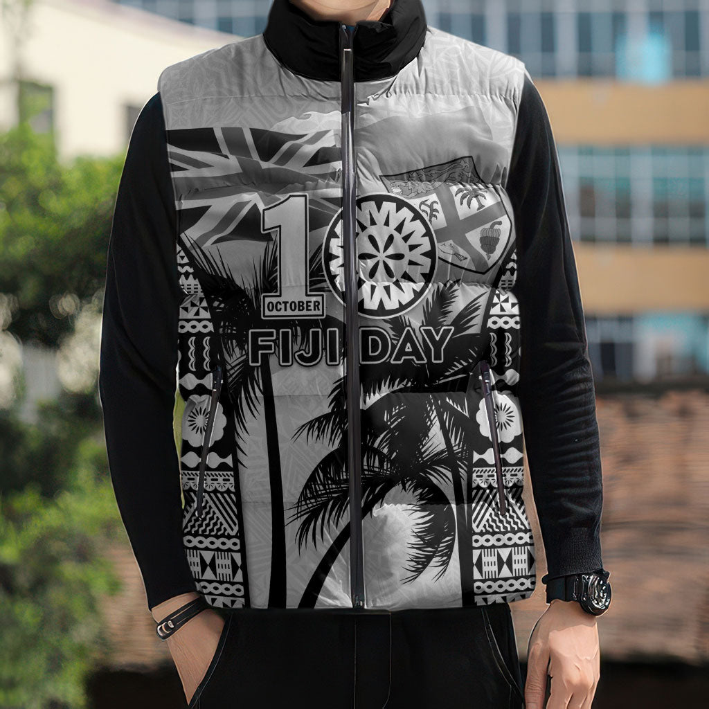 Personalised Fiji Day 2026 Sleeveless Puffer Jacket Masi Tapa Pattern With Palm Tree White Version LT05 - Polynesian Pride