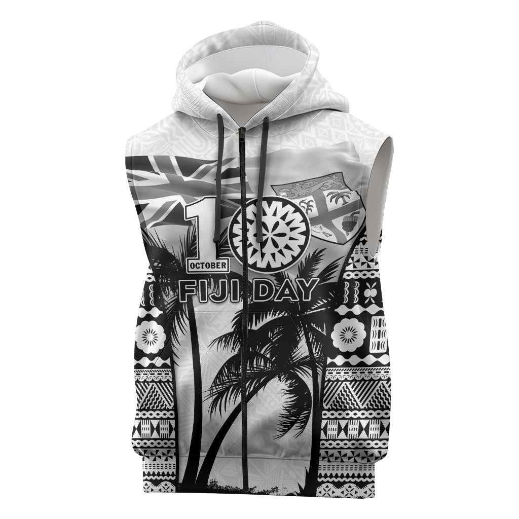 Personalised Fiji Day 2026 Sleeveless Zip Hoodie Masi Tapa Pattern With Palm Tree White Version LT05 White - Polynesian Pride