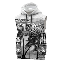 Personalised Fiji Day 2026 Sleeveless Zip Hoodie Masi Tapa Pattern With Palm Tree White Version LT05 White - Polynesian Pride