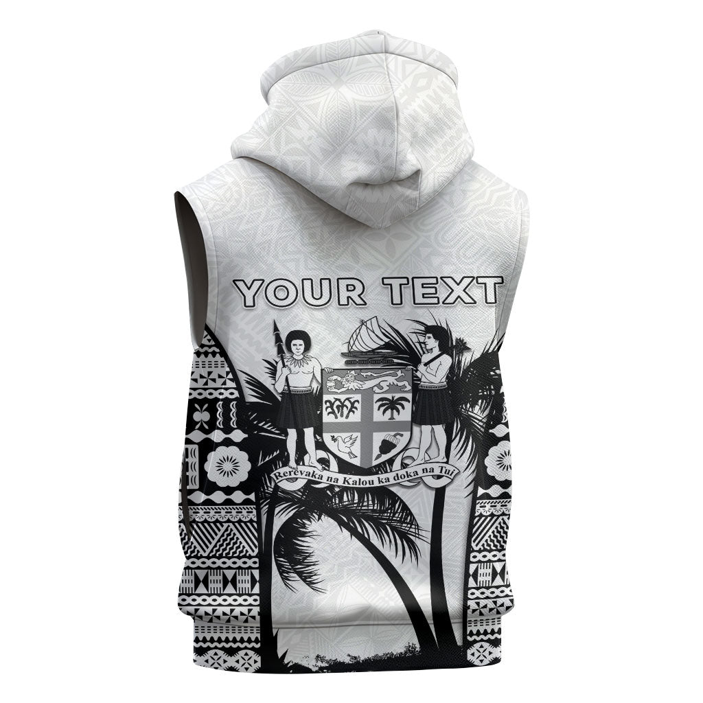 Personalised Fiji Day 2026 Sleeveless Zip Hoodie Masi Tapa Pattern With Palm Tree White Version LT05 - Polynesian Pride