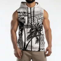 Personalised Fiji Day 2026 Sleeveless Zip Hoodie Masi Tapa Pattern With Palm Tree White Version LT05 - Polynesian Pride