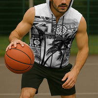 Personalised Fiji Day 2026 Sleeveless Zip Hoodie Masi Tapa Pattern With Palm Tree White Version LT05 - Polynesian Pride