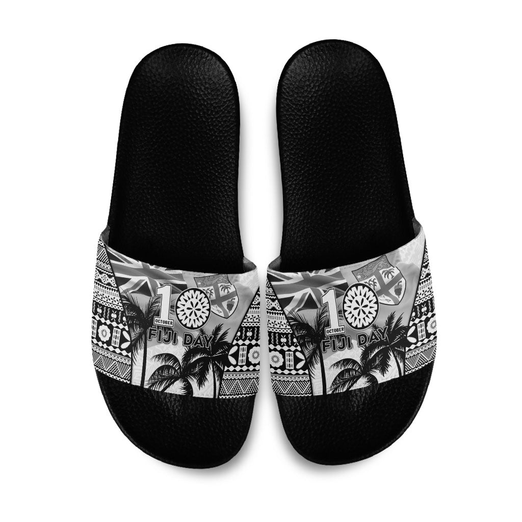 Fiji Day 2026 Slide Sandals Masi Tapa Pattern With Palm Tree White Version LT05 White - Polynesian Pride
