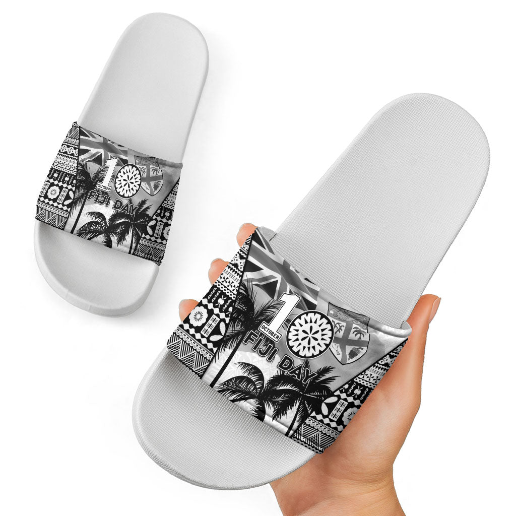 Fiji Day 2026 Slide Sandals Masi Tapa Pattern With Palm Tree White Version LT05 - Polynesian Pride