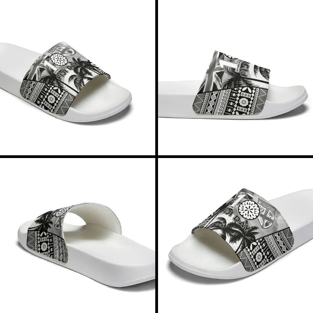 Fiji Day 2026 Slide Sandals Masi Tapa Pattern With Palm Tree White Version LT05 - Polynesian Pride
